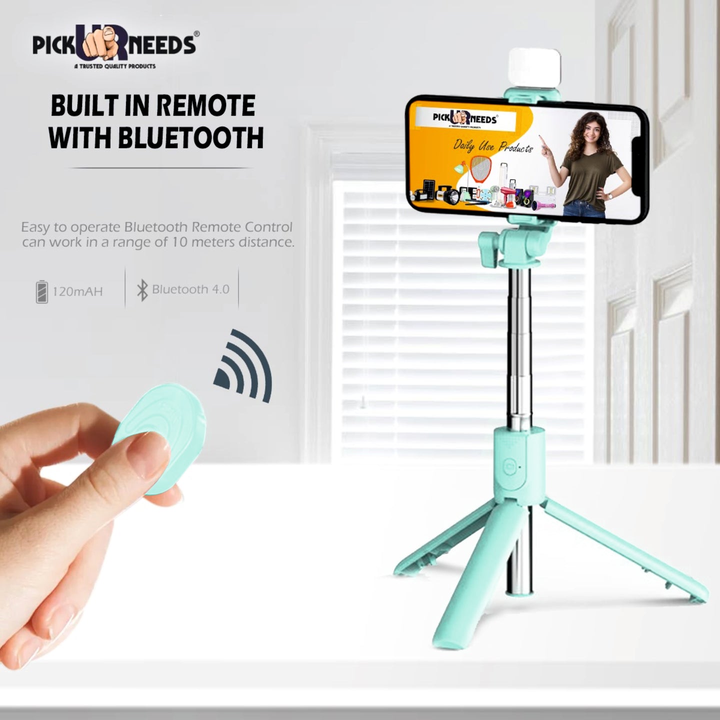 Pick Ur Needs Best Quality Flash Light Tripod with Amazing Detachable Remote Bluetooth Selfie Stick  (Blue, Remote Included)